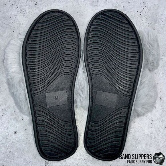 FUZZY FAUX BUNNY FUR CROSS BAND SLIPPERS IN GREY NON-SLIP SIZE MEDIUM 5.5 - 6.5 - Picture 7 of 14